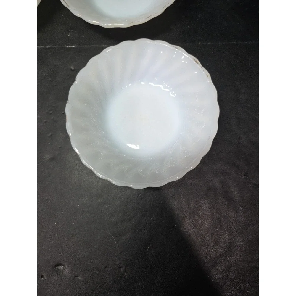 Anchor Hocking Milk Glass Berry Bowls, White Golden Shell Design, Set of 3 Bowls